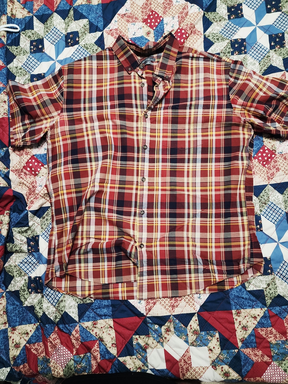 Eddie Bauer Short-Sleeve Plaid Button-Down Shirt - Red, Yellow, Navy